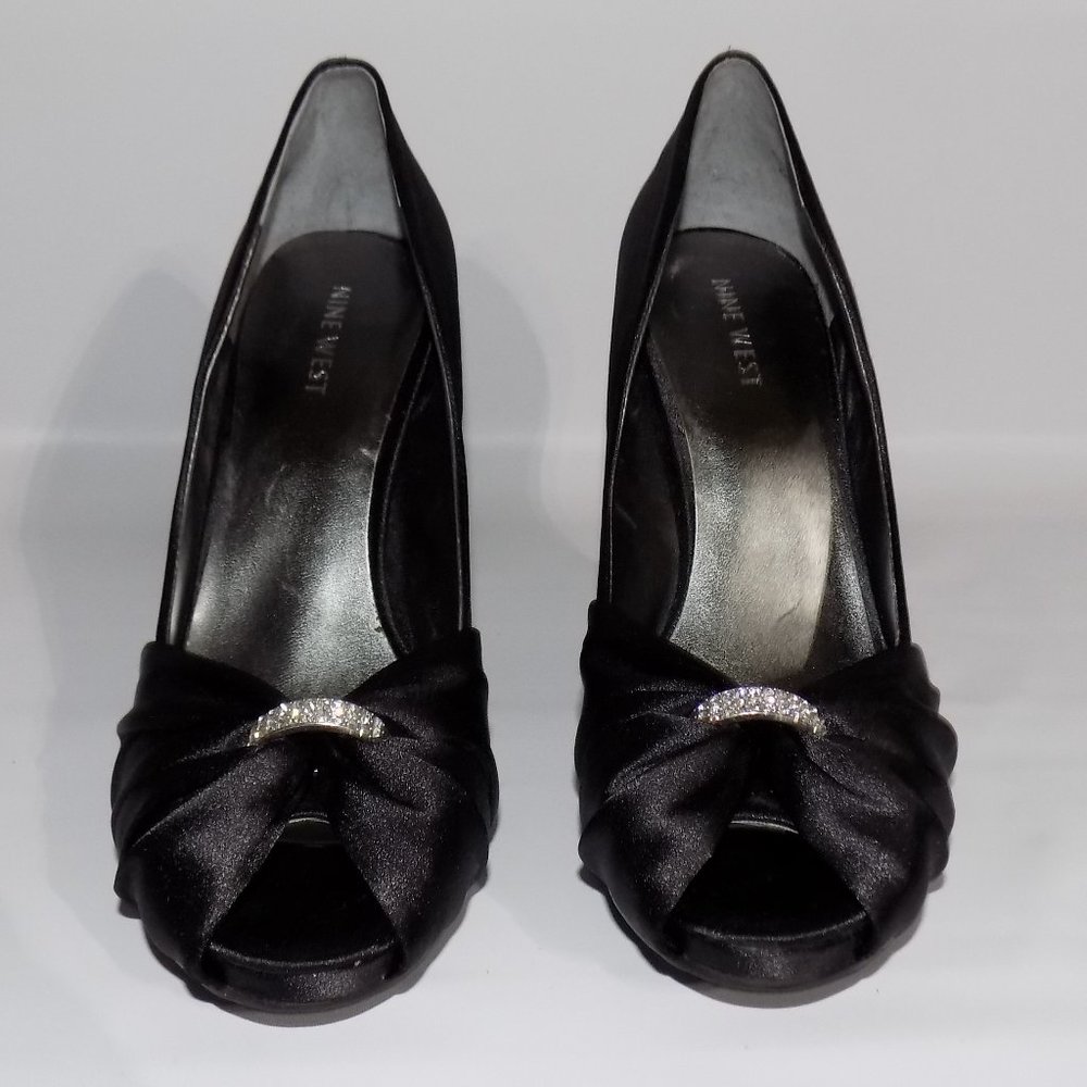 Nine West Women's Black Satin Open Toe Tracyo Heel - Picture 2 of 8